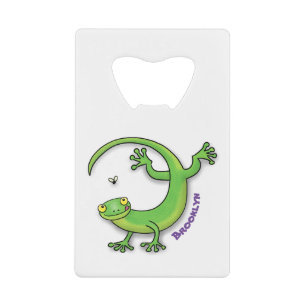 Cute happy green gecko greetings with bug cartoon