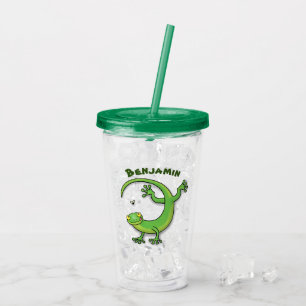 Cute happy green gecko greetings with bug cartoon acrylic tumbler