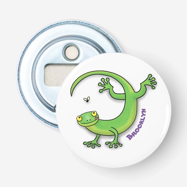 Cute happy green gecko greetings with bug cartoon bottle opener (Front)