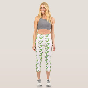 Cute happy green gecko greetings with bug cartoon capri leggings