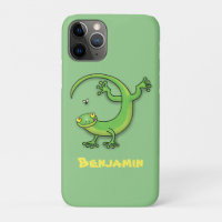 Cute happy green gecko greetings with bug cartoon
