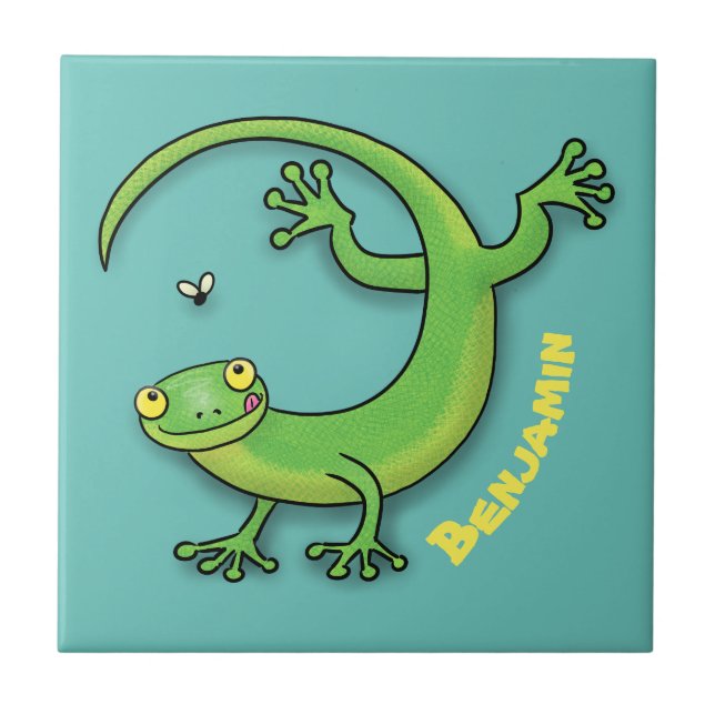 Cute happy green gecko greetings with bug cartoon ceramic tile (Front)