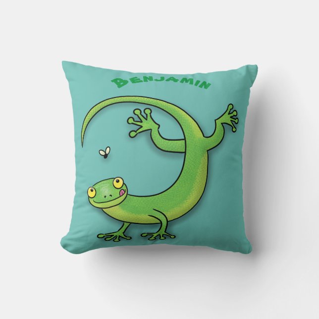 Cute happy green gecko greetings with bug cartoon cushion (Front)