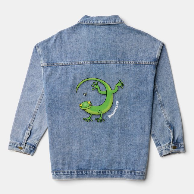 Cute happy green gecko greetings with bug cartoon denim jacket (Back)
