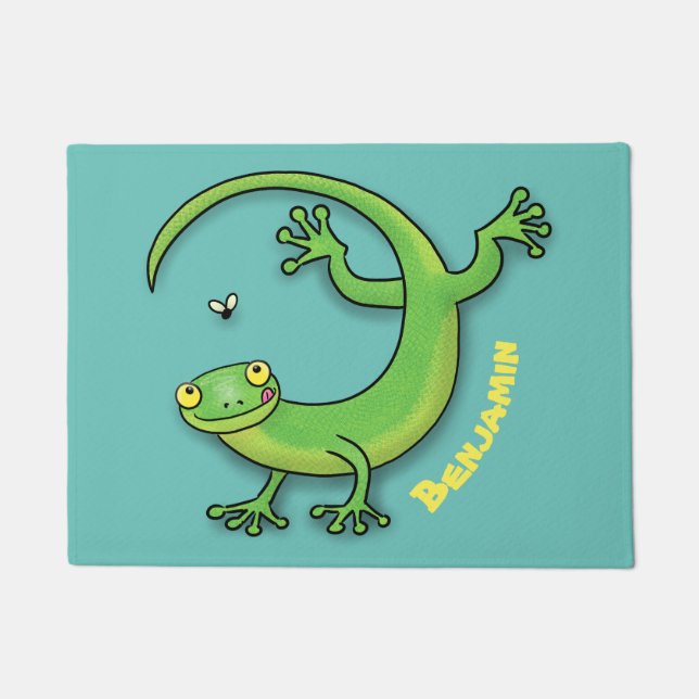 Cute happy green gecko greetings with bug cartoon doormat (Front)
