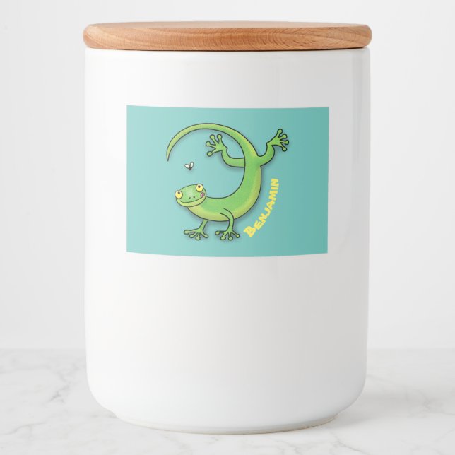 Cute happy green gecko greetings with bug cartoon food label (Front)