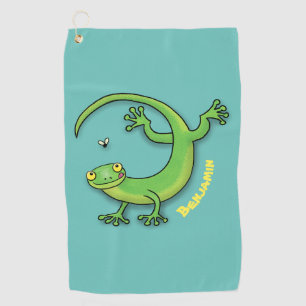 Cute happy green gecko greetings with bug cartoon  golf towel