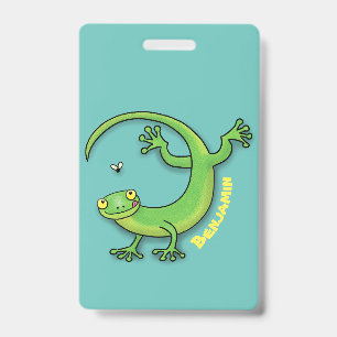 Cute happy green gecko greetings with bug cartoon ID badge