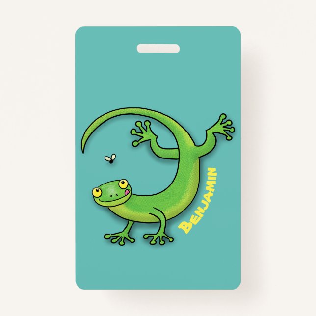 Cute happy green gecko greetings with bug cartoon ID badge (Front)