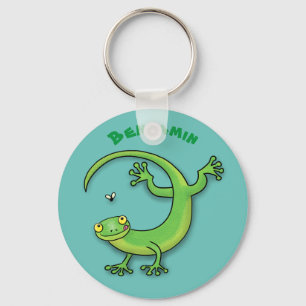 Cute happy green gecko greetings with bug cartoon key ring