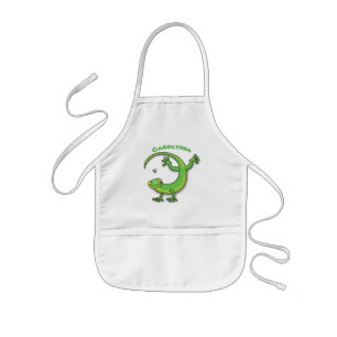 Cute happy green gecko greetings with bug cartoon kids apron