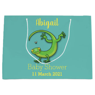 Cute happy green gecko greetings with bug cartoon large gift bag