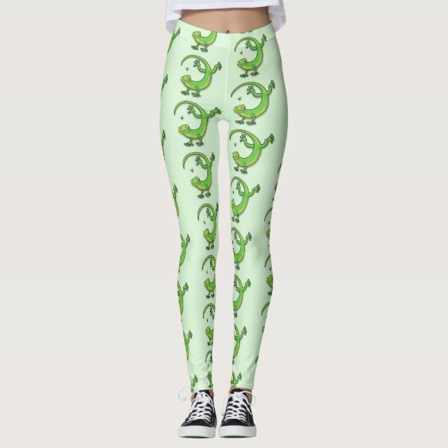 Cute happy green gecko greetings with bug cartoon leggings (Front)