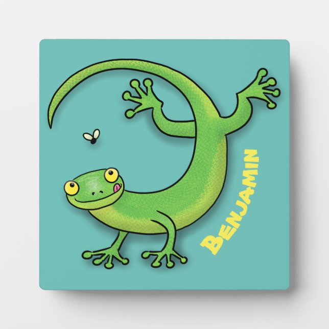 Cute happy green gecko greetings with bug cartoon plaque (Front)
