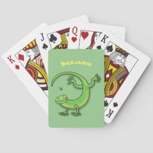 Cute happy green gecko greetings with bug cartoon playing cards