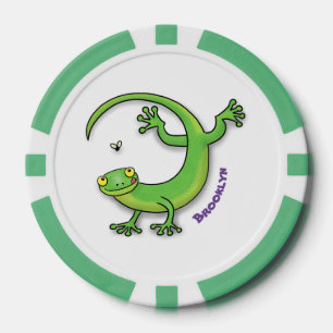 Cute happy green gecko greetings with bug cartoon poker chips