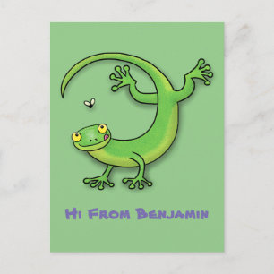Cute happy green gecko greetings with bug cartoon postcard