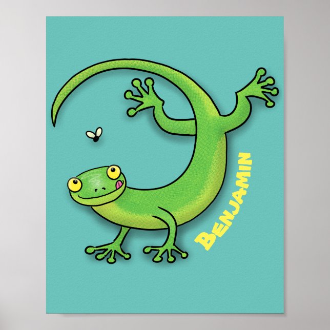 Cute happy green gecko greetings with bug cartoon poster (Front)