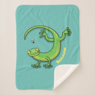 Cute happy green gecko greetings with bug cartoon  sherpa blanket