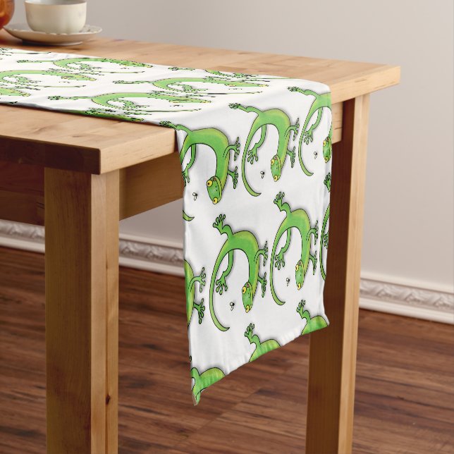 Cute happy green gecko greetings with bug cartoon short table runner (In Situ)