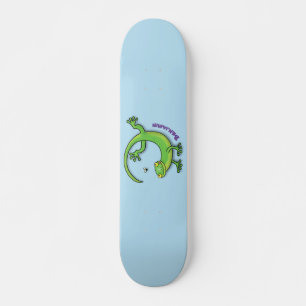 Cute happy green gecko greetings with bug cartoon skateboard
