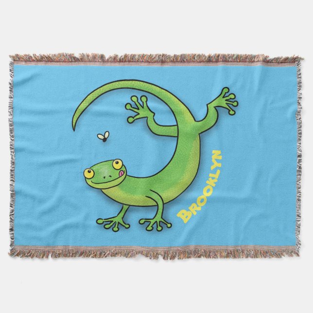 Cute happy green gecko greetings with bug cartoon throw blanket (Front)
