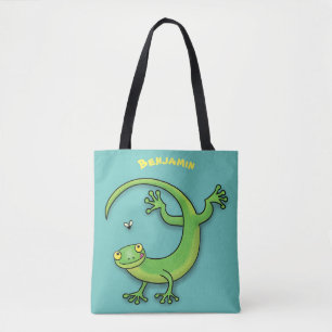 Cute happy green gecko greetings with bug cartoon tote bag