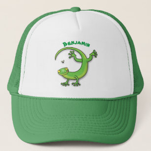Cute happy green gecko greetings with bug cartoon trucker hat