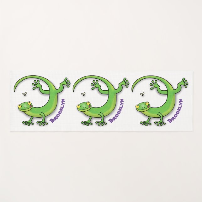 Cute happy green gecko greetings with bug cartoon yoga mat (Front (Horizontal))