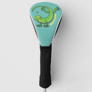Cute happy green gecko lizard personalised cartoon golf head cover