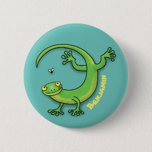 Cute happy green gecko lizard with bug cartoon 6 cm round badge