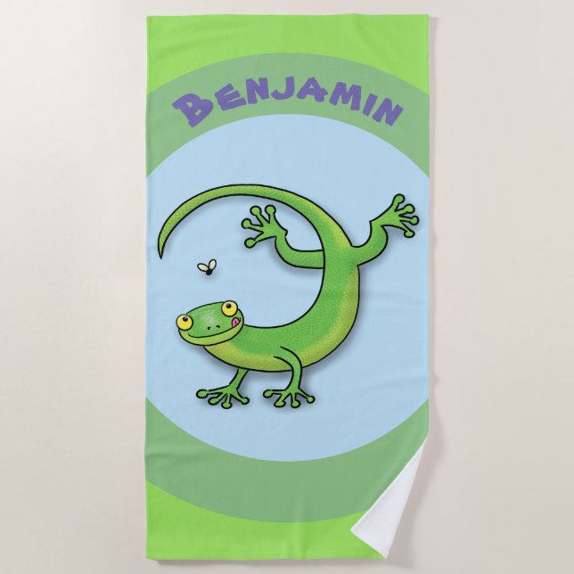 Cute happy green gecko lizard with bug cartoon beach towel (Front)