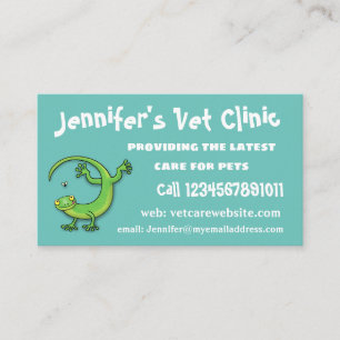 Cute happy green gecko lizard with bug cartoon business card