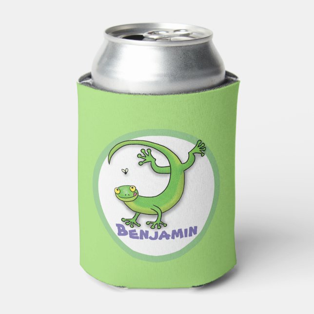 Cute happy green gecko lizard with bug cartoon can cooler (Can Front)