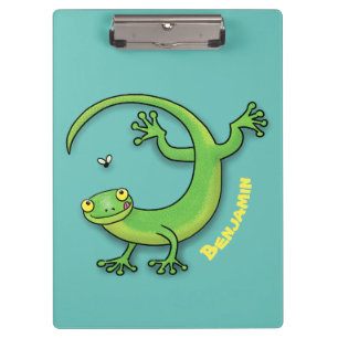 Cute happy green gecko lizard with bug cartoon clipboard