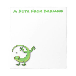 Cute happy green gecko lizard with bug cartoon notepad