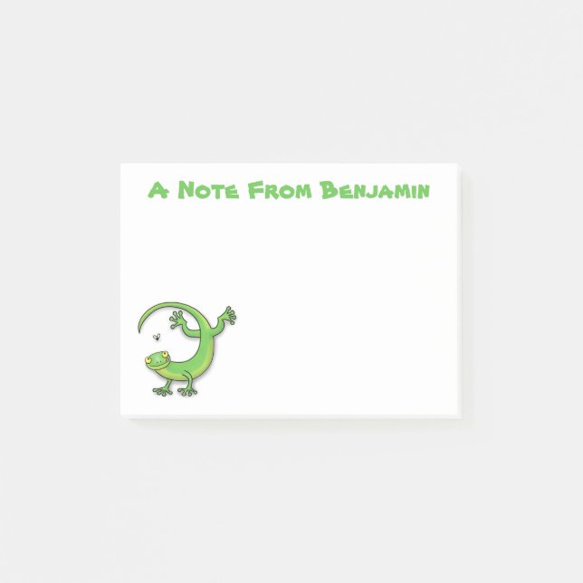 Cute happy green gecko lizard with bug cartoon post-it notes (Front)