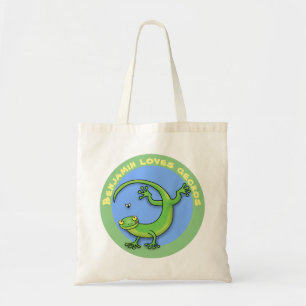 Cute happy green gecko lizard with bug cartoon tote bag