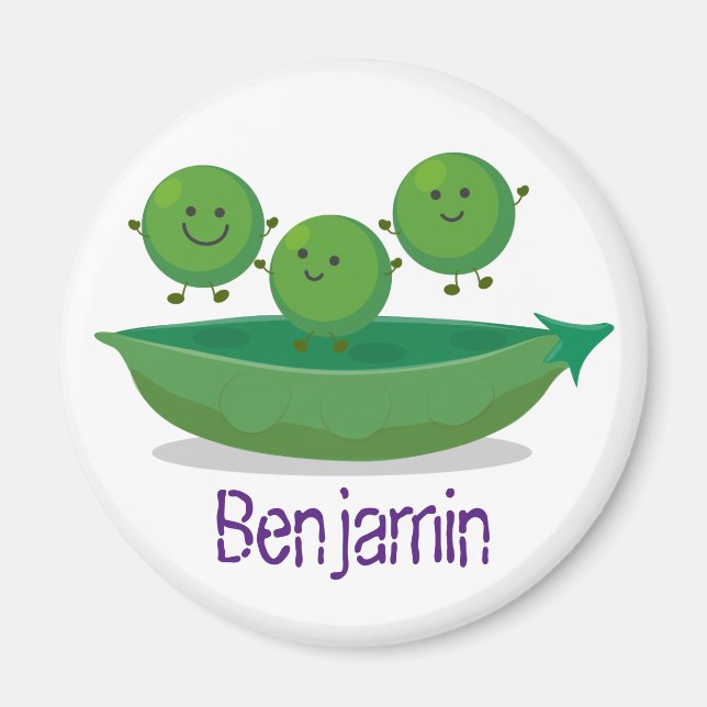 Cute happy green peas and pod cartoon illustration magnet (Front)