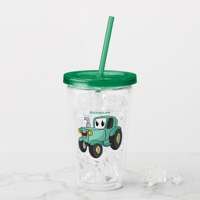 Cute happy green tractor cartoon acrylic tumbler (Back Ice)