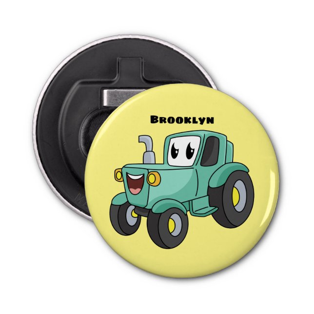 Cute happy green tractor cartoon bottle opener (Front)