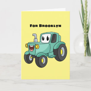 Cute happy green tractor cartoon card