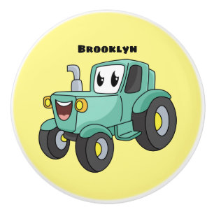 Cute happy green tractor cartoon ceramic knob