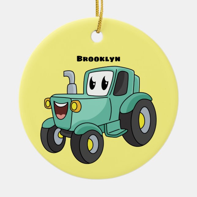 Cute happy green tractor cartoon ceramic ornament (Front)