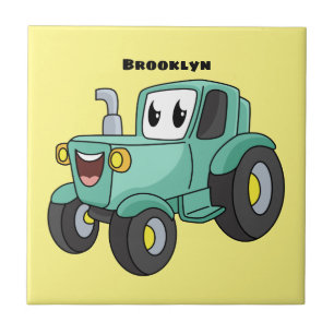 Cute happy green tractor cartoon ceramic tile