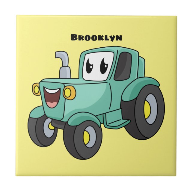 Cute happy green tractor cartoon ceramic tile (Front)