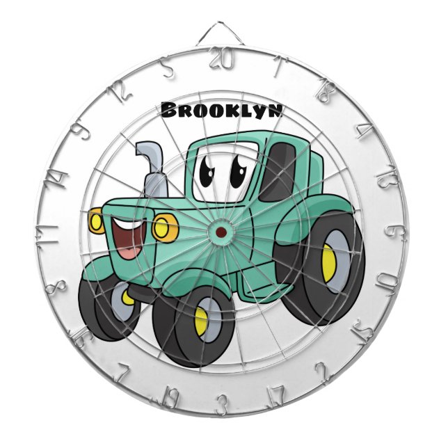 Cute happy green tractor cartoon dartboard (Front)