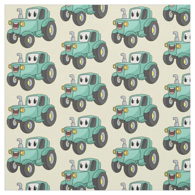 Cute happy green tractor cartoon  fabric (Swatch)