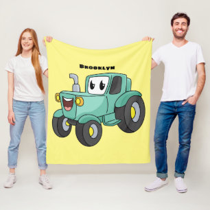 Cute happy green tractor cartoon fleece blanket
