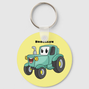 Cute happy green tractor cartoon key ring